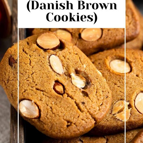 close up of Danish brown cookie with text overlay to create pin for Pinterest