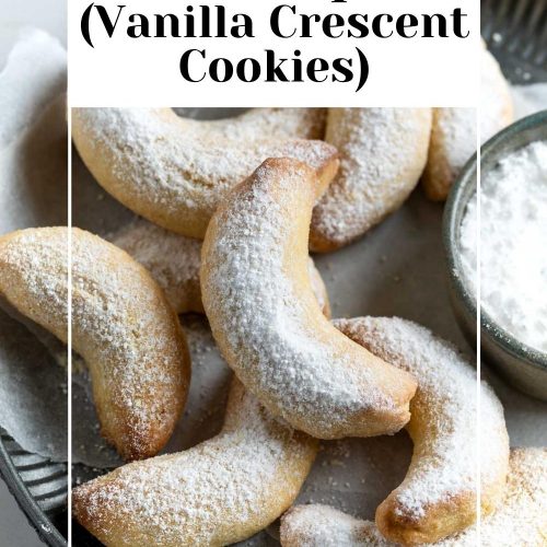 metal plate filled with icing sugar dusted crescent cookies with text overlay to create a pin for Pinterest