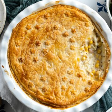 Leftover chicken and sweetcorn pie in dish ready to serve