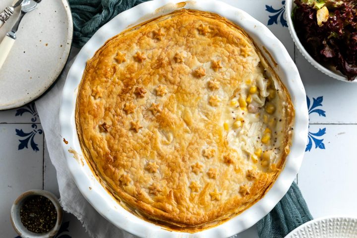 Leftover chicken and sweetcorn pie in dish ready to serve