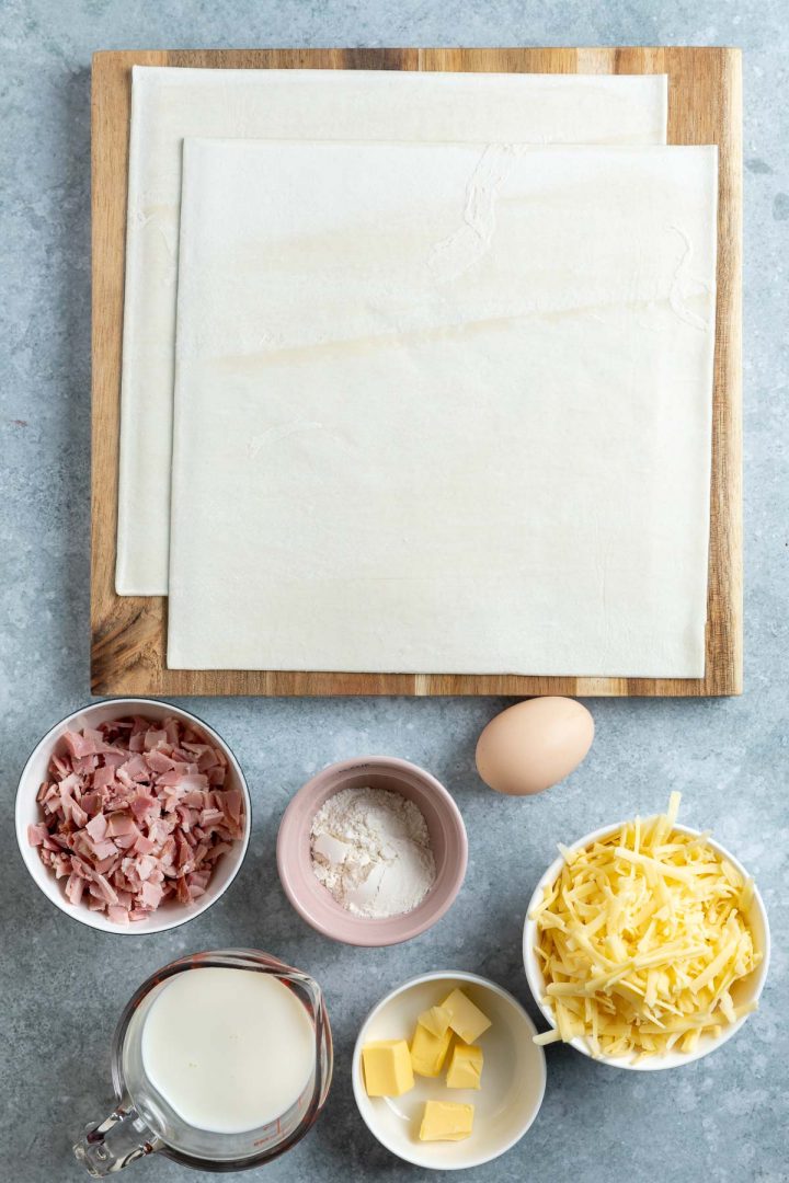 ingredients needed to make the puff pastry parcels weighed and measured and placed in individual bowls