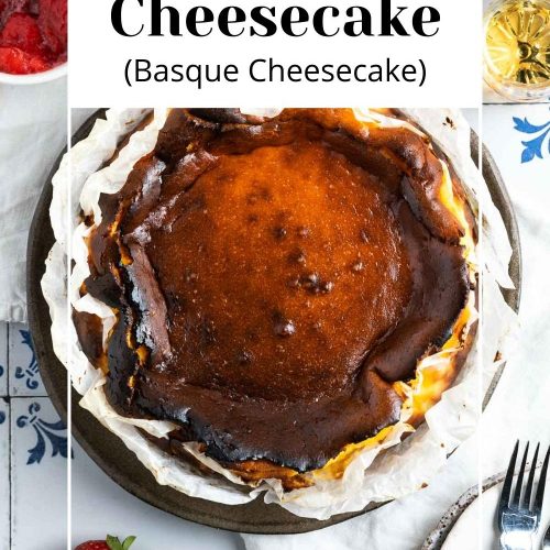 overhead of baked Basque cheesecake on a plate with text overlay to create a pin for Pinterest