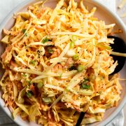 close up of cheese coleslaw in pink bowl ready to eat.