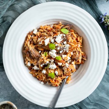 a bowl of greek lamb shanks and orzo sprinkled with feta and fresh herbs ready to eat