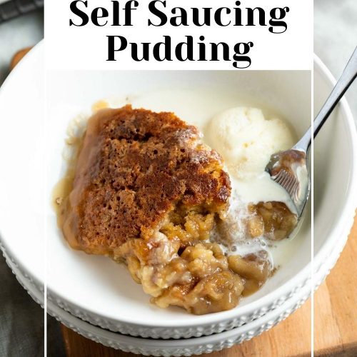 banana self saucing pudding in a bowl served with ice cream with text overlay to create a pin for Pinterest