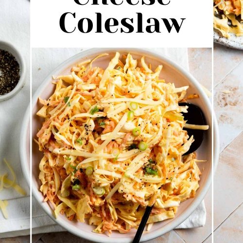 coleslaw in a bowl with text overlay to create a pin for Pinterest