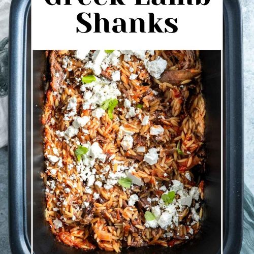 cooked lamb in the slow cooker with text overlay to create a Pinterest pin for slow cooker Greek lamb shanks