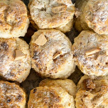 Batch of baked caramilk scones in a baking tray