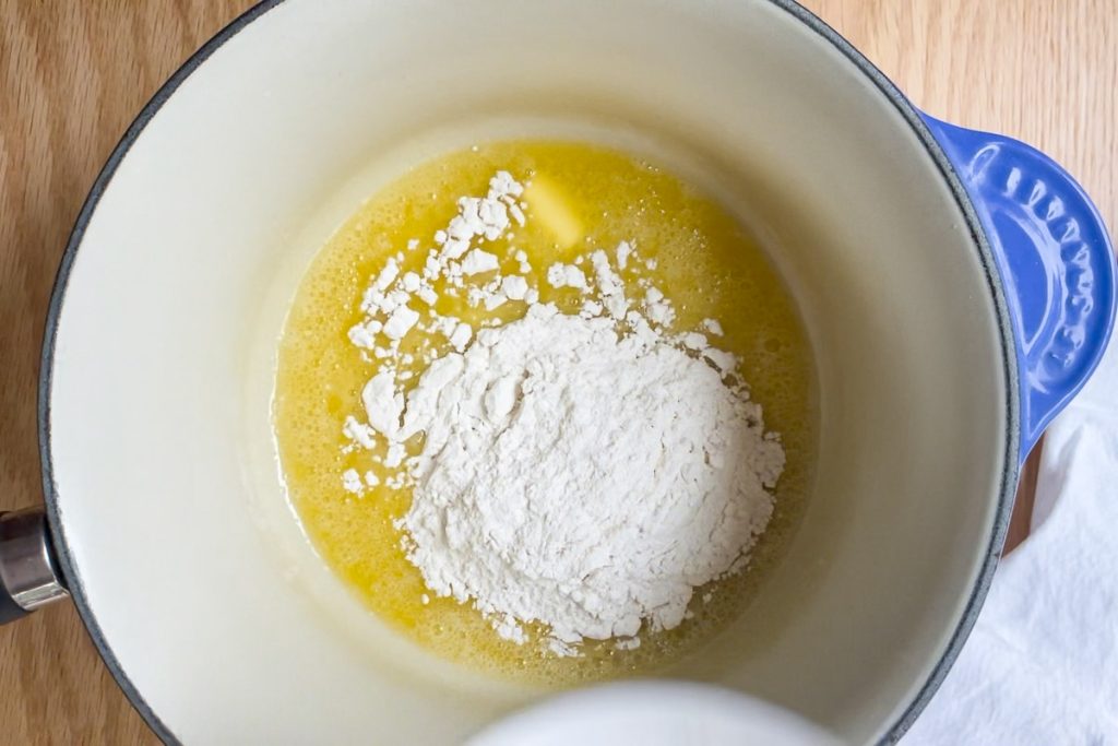 flour added to melted butter in saucepan
