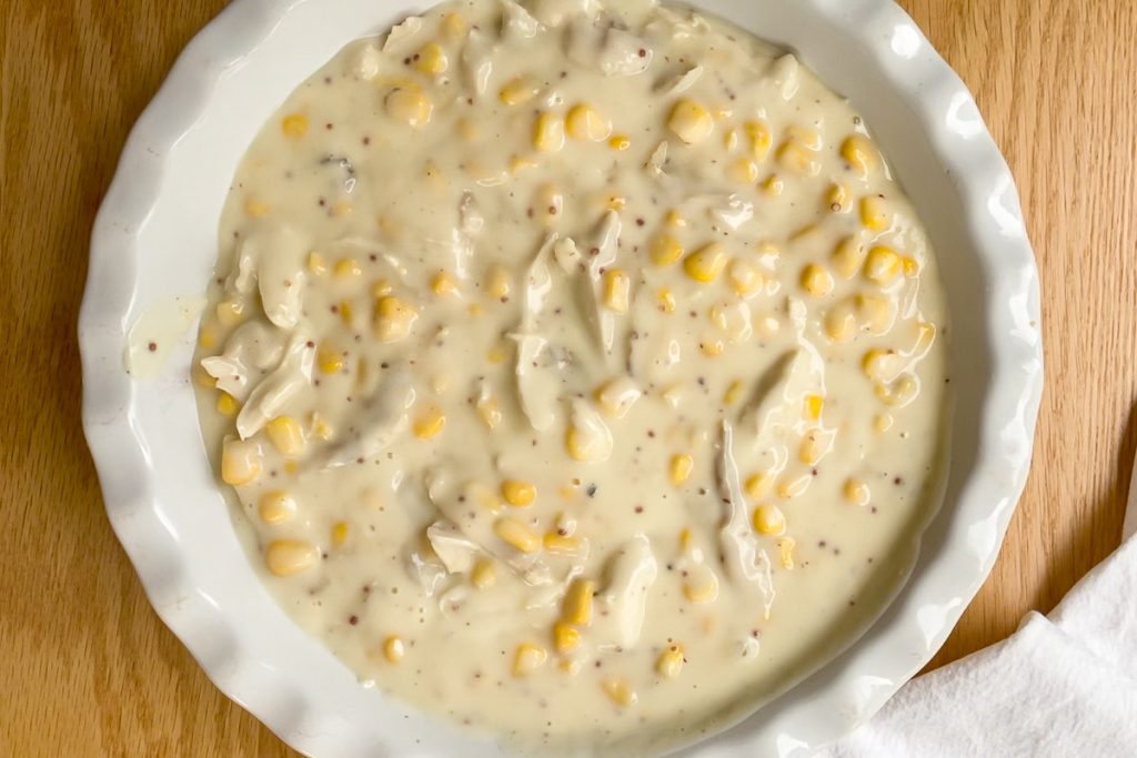 chicken and sweetcorn sauce poured in to the pie dish
