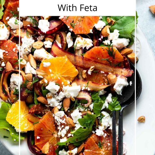 close up of carrot orange salad on plate with text overlay to create a pin for Pinterest