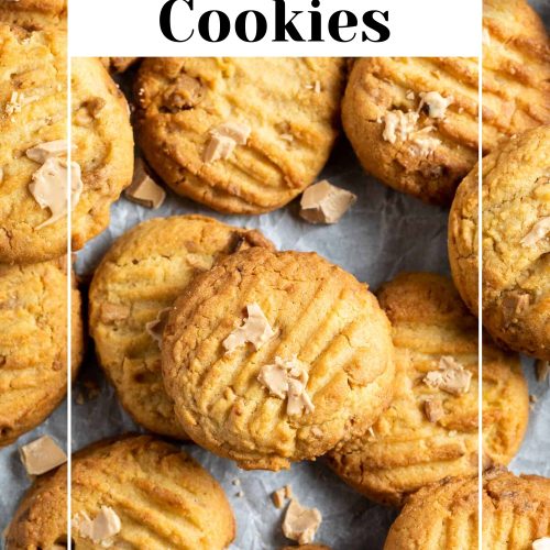 pile of Caramilk cookies with text overlay to create a pin for Pinterest