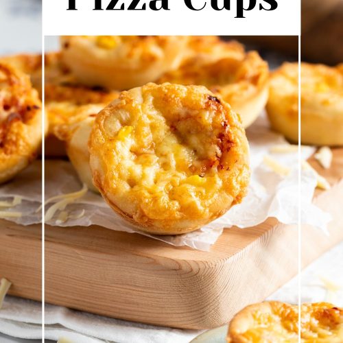 close up of pizza cup with text overlay to create pin for Pinterest