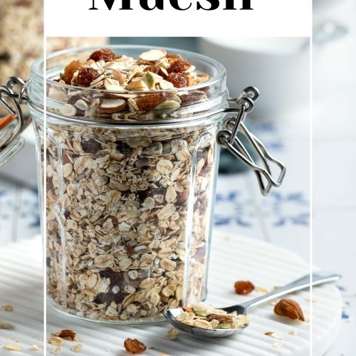muesli in a glass jar with text overlay to create a pin for Pinterest