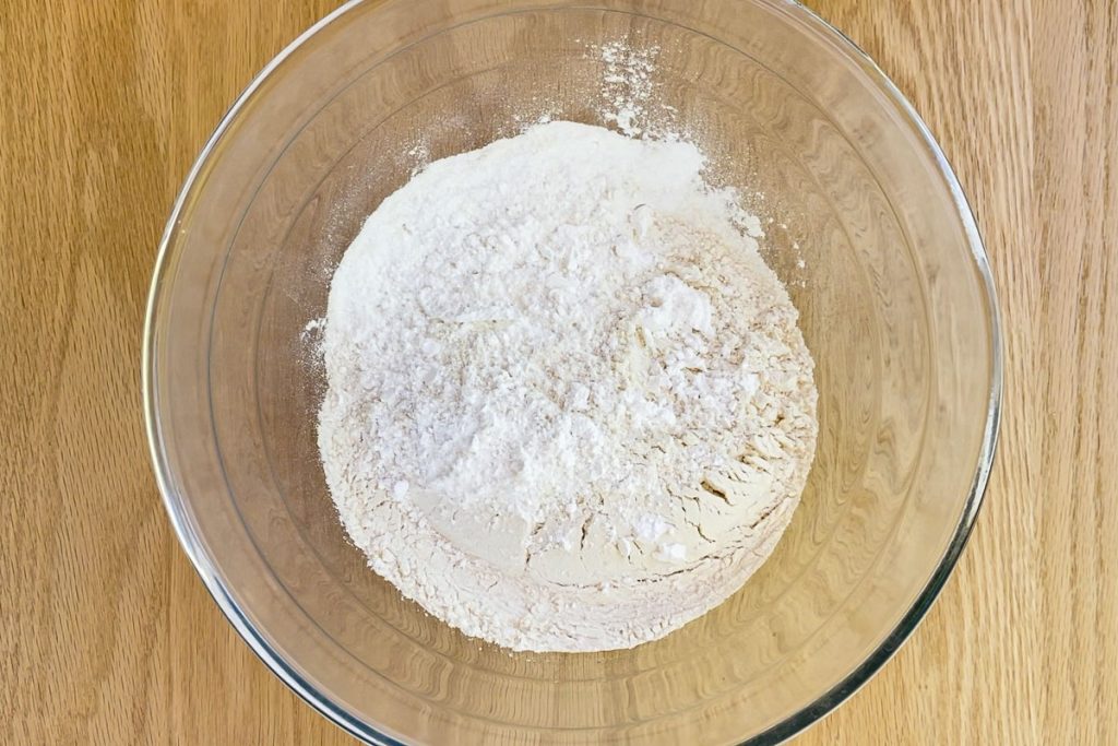 flour, baking powder, icing sugar and salt in a large mixing bowl