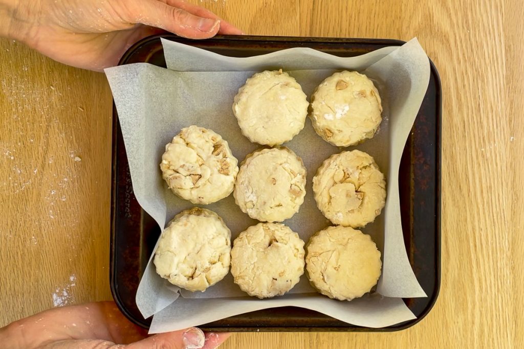 scones placed in a lined tin.