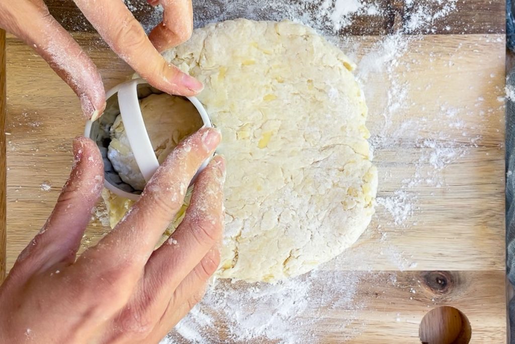 The rolled scone dough with a scone cutter being pressed in to it.