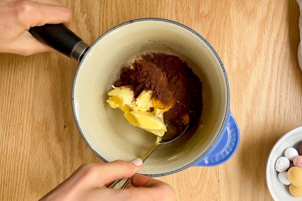 butter, cocoa powder and golden syrup in a medium sized saucepan.