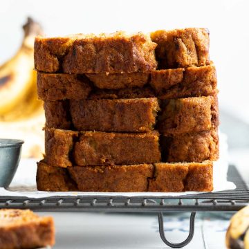 a stack of 5 slices of banana loaf.