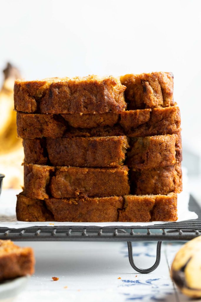 a stack of slices of egg free banana bread.