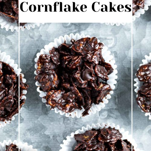 chocolate cornflake cakes in paper cases with text overlay to create pin for Pinterest