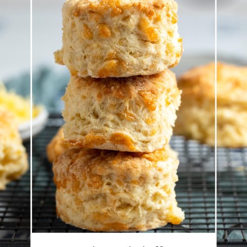 a stack of three cheese scones with text overlay to create a pin for pinterest for light and fluffy cheese scones.