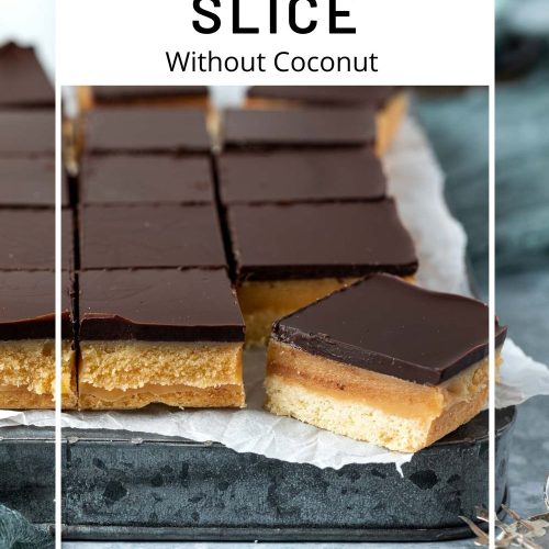 caramel squares on tray with text overlay to create pin for Pinterest.