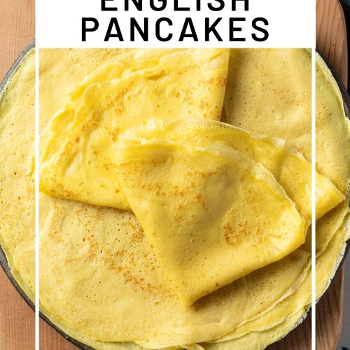 a plate of cooked pancakes, some folded, with text overlay to create a pin for Pinterest