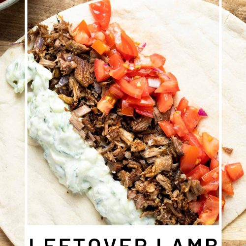 pita bread topped with lamb, tomato and tzatziki, with text overlay to create a pin for Pinterest