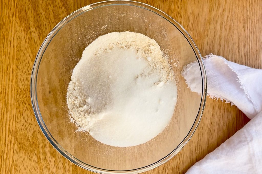 sugar and flour in a mixing bowl.