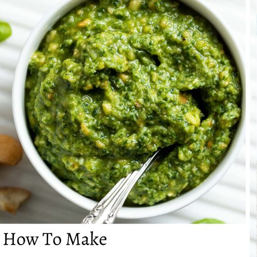 bowl of cashew pesto with text overlay to create pin for Pinterest.