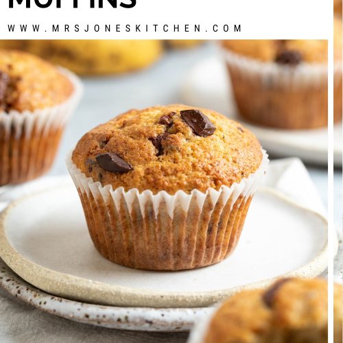 single banana chocolate chip muffin with text overlay to create pin for Pinterest.