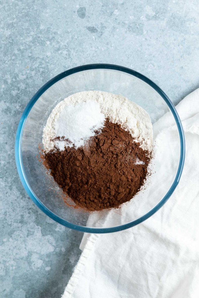 The flour, cocoa powder, baking powder and salt in a bowl.