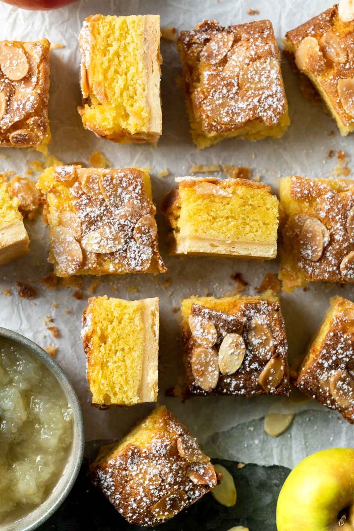 close up of cut squares of apple and almond slice.