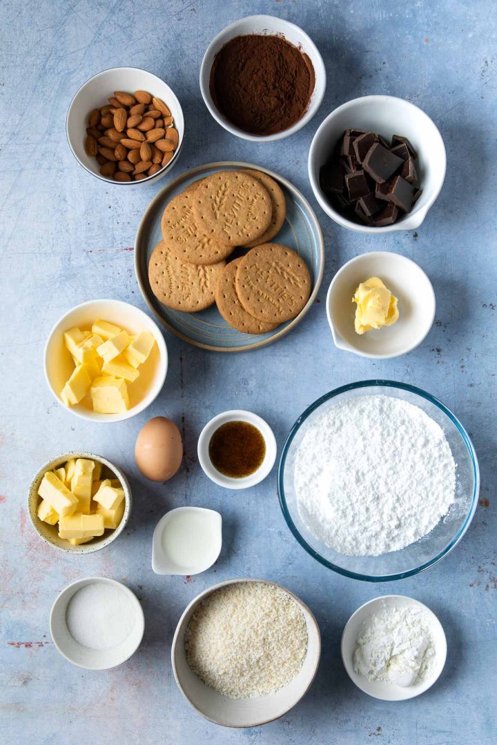 ingredients needed to make the recipe weighed out and placed in individual bowls.