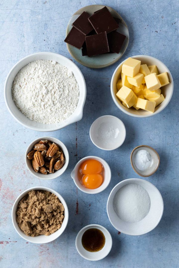 Ingredients needed to make the cookies weighed out and placed in individual bowls.