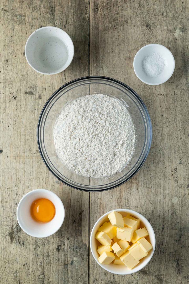 the 5 ingredients needed to make pastry, weighed out and placed in individual bowls.