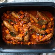 slow cooker sausage casserole in the slow cooker.