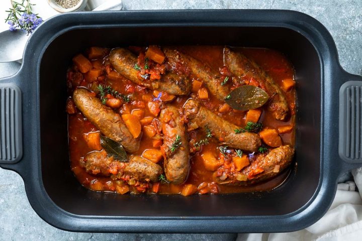 slow cooker sausage casserole in the slow cooker.