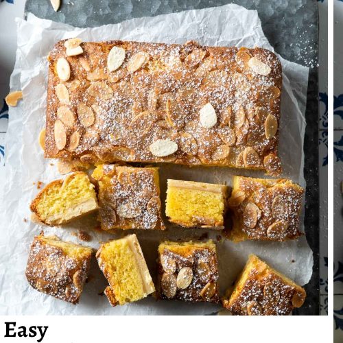 almond apple slice cut into squares, with text overlay to create pin for Pinterest.