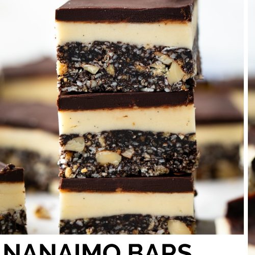 stack of Nanaimo bars with text overlay to create a pin for Pinterest for Nanaimo bars without custard powder.