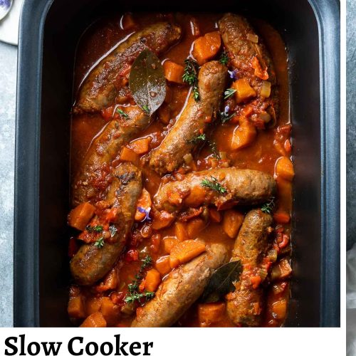 sausage casserole in slow cooker with text overlay to create pin for Pinterest.