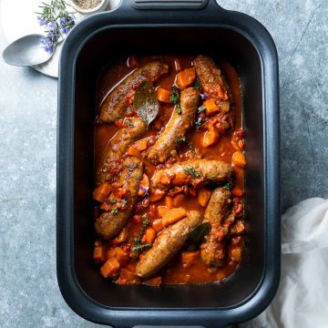 cooked sausage casserole in the slow cooker pan.