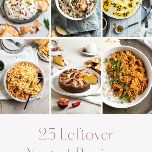 6 different yogurt recipes on a collage to make a pin for Pinterest.