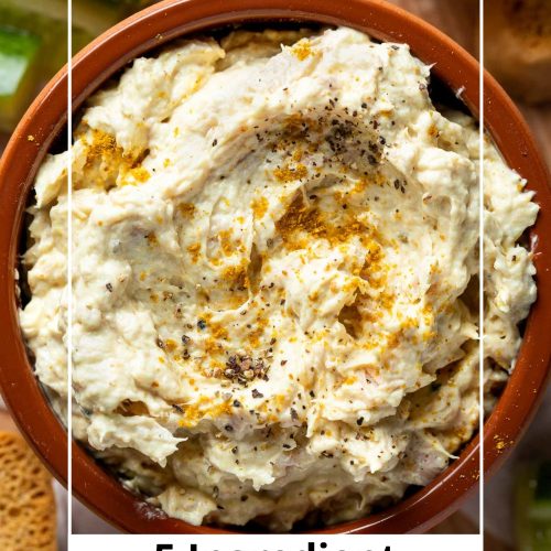 Tuna dip in a bowl with text overlay to create a pin for Pinterest.