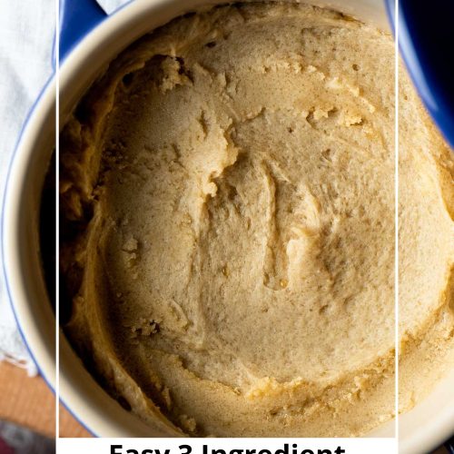 Brandy butter in a serving dish with text overlay to create a pin for Pinterest.
