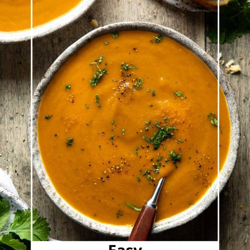 A bowl of carrot and coriander soup with text overlay to create a pin for Pinterest.