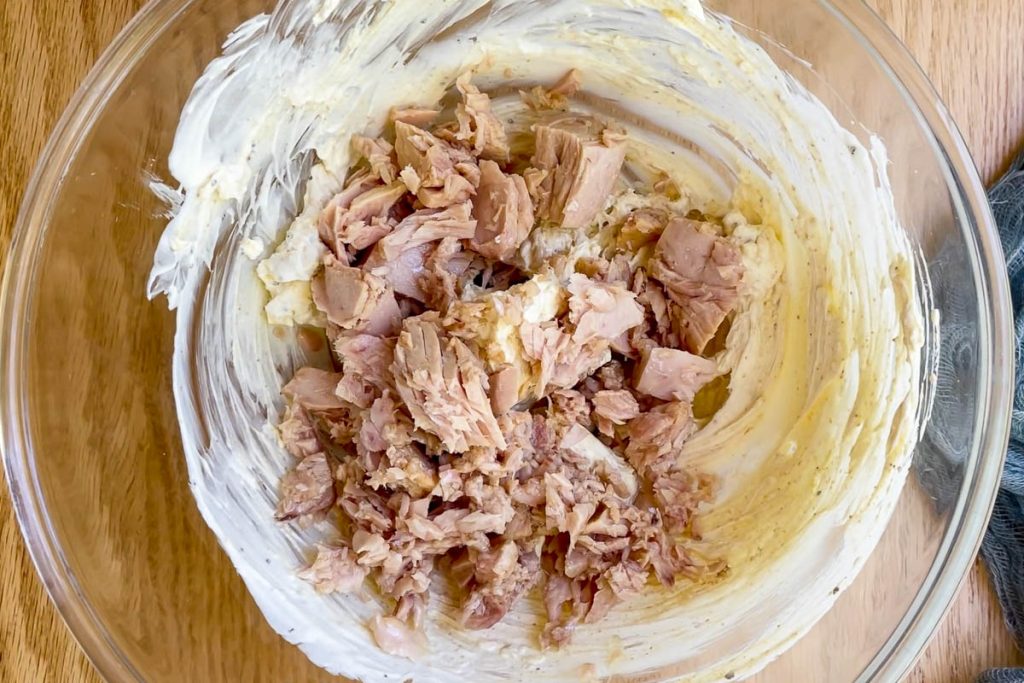 Canned tuna added to the cream cheese yogurt mixture.