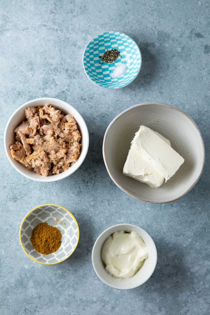 Ingredients needed to make the dip weighed out and placed in individual bowls.