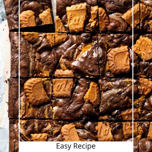 Close up of Biscoff brownies with text overlay to create a pin for Pinterest for easy Biscoff brownies.
